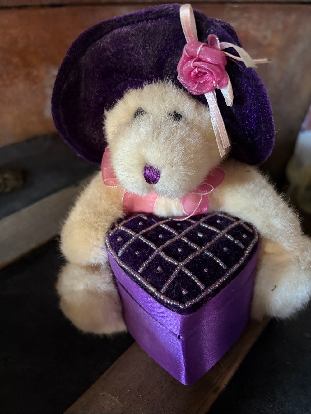 Plush Teddy Jewelry Box with Purple Velvet Hat and Heart Box